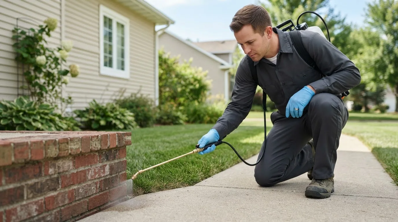Pest control technician treating a home near Eagletown, OK